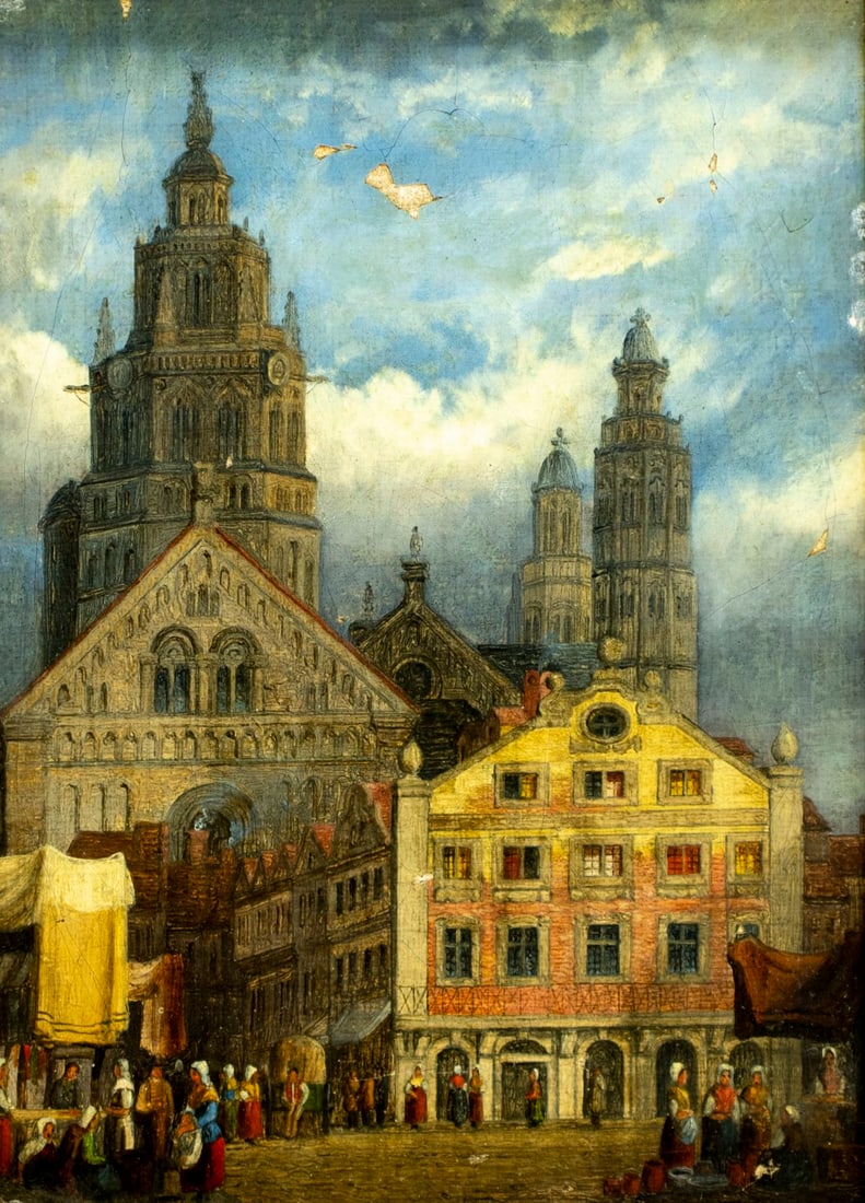Henry Thomas Schafer (UK,1854-1915) oil painting antique: ARTIST: Henry Thomas Schafer (United Kingdom, 1854 - 1915) TITLE: European Market Cityscape MEDIUM: oil on canvas CONDITION: Some paint losses mostly by the upper edge. Some