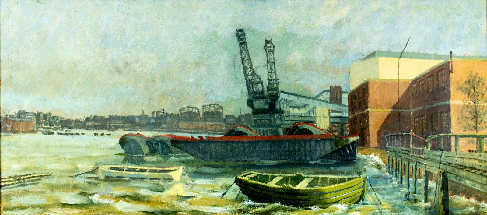 Vintage 20C American oil painting: ARTIST: - (American, 20 century) TITLE: Harbor Scene MEDIUM: oil on board CONDITION: Some small scratches/paint losses mostly in the lower left quadrant. No visible inpain