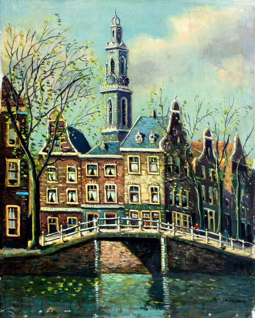 Vintage 20C European oil painting signed: ARTIST: - (Europe, 20 century) TITLE: Cityscape MEDIUM: oil on canvas CONDITION: Unstretched (In-House stretching available) (In-House stretching available). Few small pai