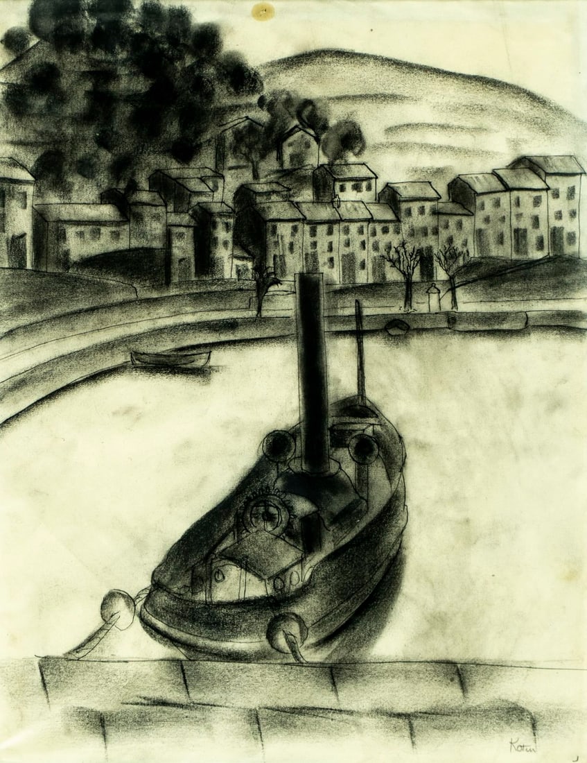 Albert Kotin (NY,1907-1980) graphite painting: ARTIST: Albert Kotin (New York, 1907 - 1980) TITLE: Harbor Scene with Boat MEDIUM: graphite on paper CONDITION: Brown spot by the upper edge. Minor age toning. Framed under