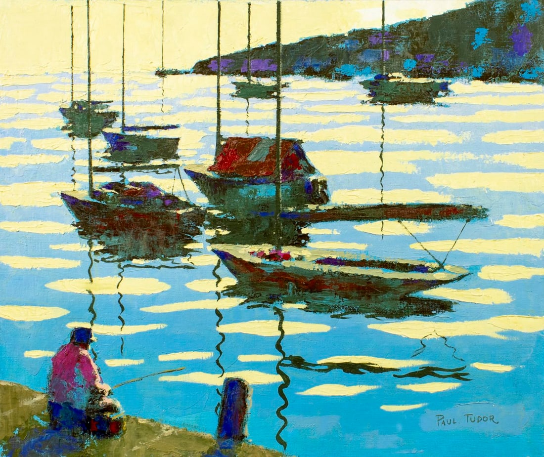 Paul Tudor (20C) oil painting: ARTIST: Paul Tudor (20 century) TITLE: Coastal Landscape with Boats and Fisherman MEDIUM: oil on canvas CONDITION: Unstretched (In-House stretching available) (In-House stre