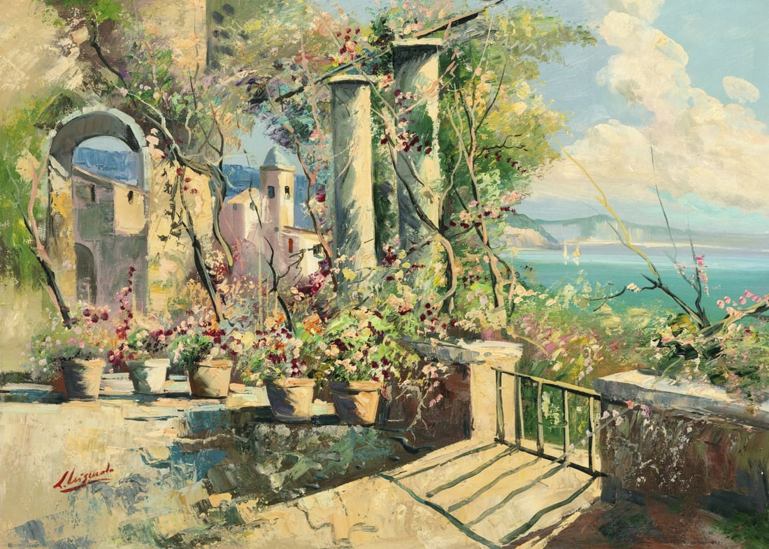 L Criscuolo (Italy,20C) oil painting: ARTIST: L Criscuolo (Italian, 20 century) TITLE: Coastal Terrace Landscape MEDIUM: oil on canvas CONDITION: Unstretched (In-House stretching available) (In-House stretching