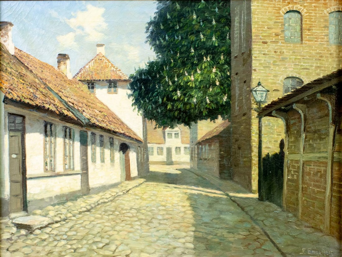 Frederik Engelfelt (Denmark,1880-?) oil painting: ARTIST: Frederik Engelfelt (Danish, c1880 - ???) TITLE: European Cityscape MEDIUM: oil on canvas CONDITION: Few minor scratches/paint losses. Some craquelure. Few small scat