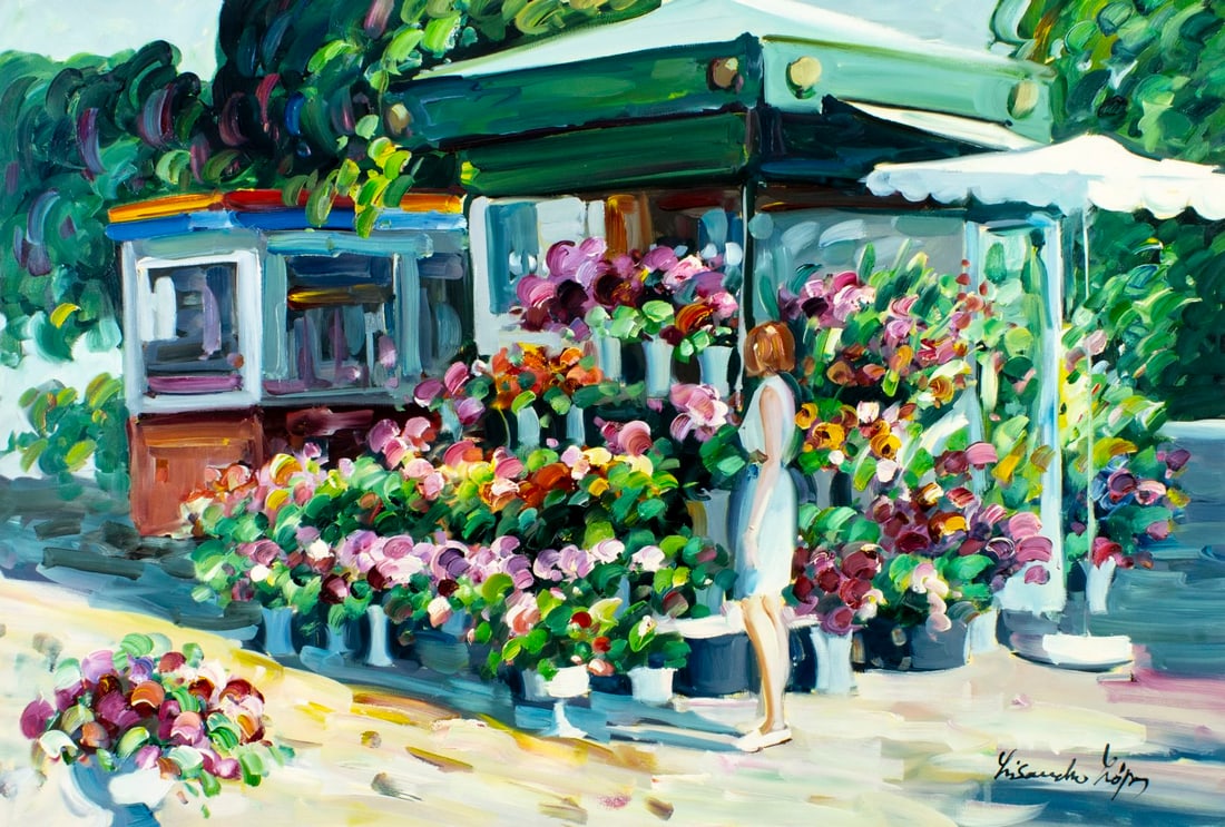 Lisandro Baylon (Argentina,US,1951-?) oil painting: ARTIST: Lisandro Lopez Baylon (Argentinian, American, 1951 - ???) TITLE: Flower Market Scene MEDIUM: oil on canvas CONDITION: Unstretched (In-House stretching available) (