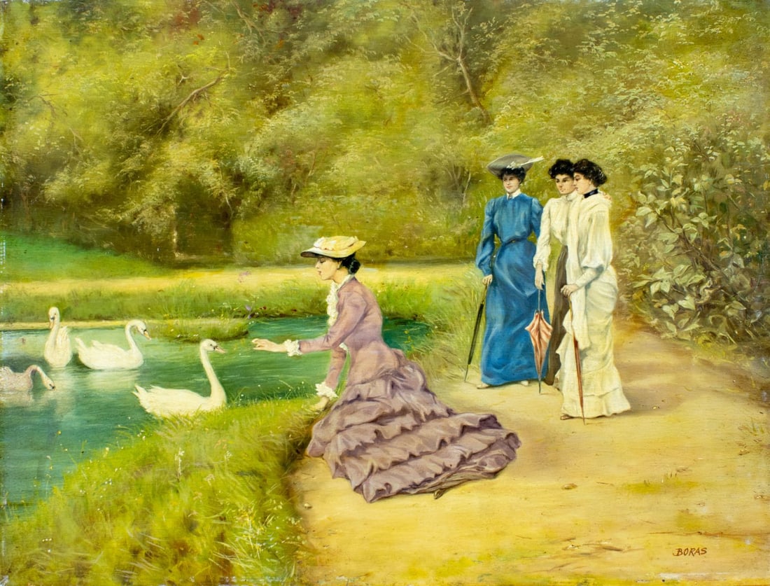 Boras (Europe,mid 20C) oil painting: ARTIST: Boras (European, mid 20 century) TITLE: Ladies by Swan Pond MEDIUM: oil on board CONDITION: Some craquelure. No visible inpaint under UV light. Normal wear along edg