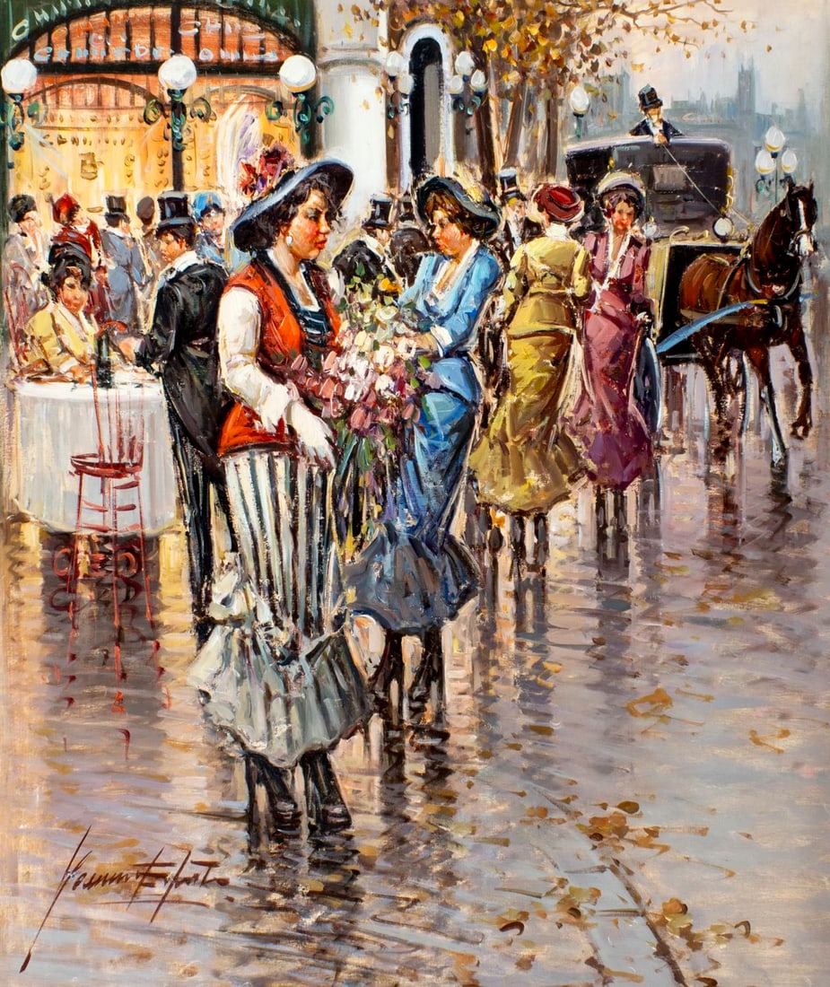 Vintage 20C European oil painting signed: ARTIST: - (Europe, 20 century) TITLE: Paris Street Scene MEDIUM: oil on canvas CONDITION: Unstretched (In-House stretching available) (In-House stretching available). Few