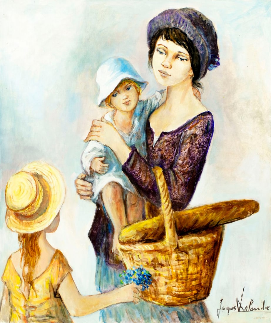 Jacques Lalande (French,1921-2003) oil painting: ARTIST: Jacques Lalande (France, 1921 - 2003) TITLE: Mother and Children MEDIUM: oil on canvas CONDITION: Unstretched (In-House stretching available) (In-House stretching