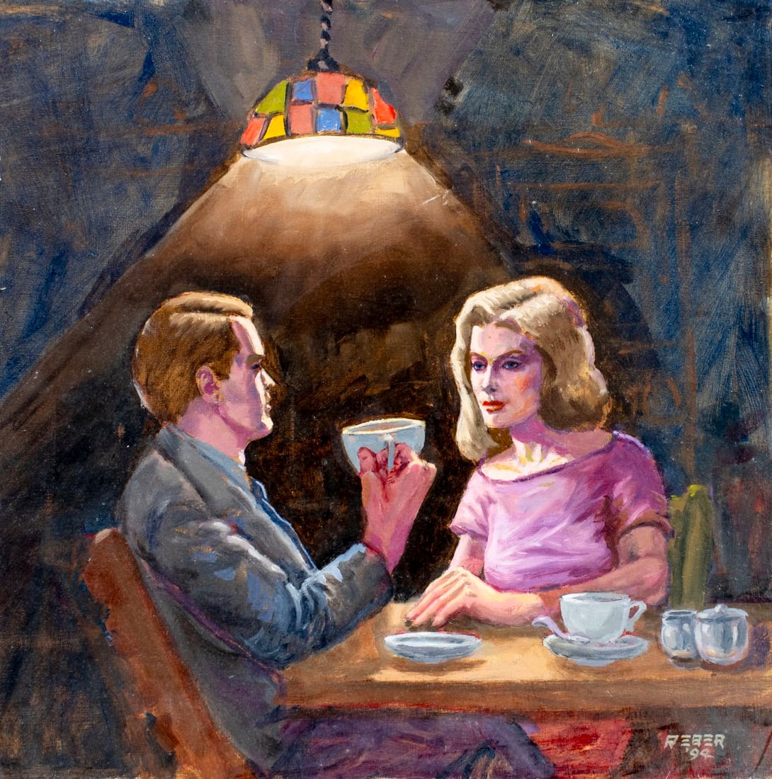 Anne Lindsey Reber (US,20C) oil painting: ARTIST: Anne Lindsey Reber (American, 20 century) TITLE: Tea Time YEAR: 1994 MEDIUM: oil on board CONDITION: Some small damages to the lower left corner.