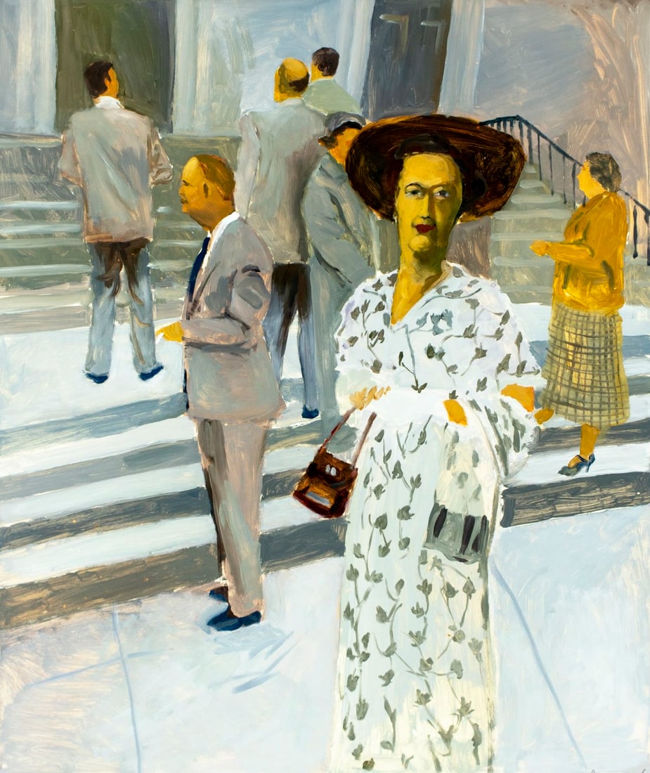 Michael Paraskevas (NY,b 1961) acrylic painting: ARTIST: Michael Paraskevas (New York, born 1961) TITLE: Woman in Floral Dress YEAR: 1986 MEDIUM: acrylic on board CONDITION: Some small scratches/paint l