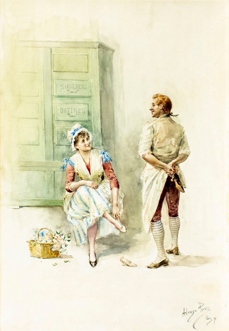 Mariano Alonso Perez (Spain,1857-1930) watercolor painting antique: ARTIST: Mariano Alonso Perez Y Villagrossa (Spanish, 1857 - 1930) TITLE: The Cordwainers Shop YEAR: 1891 MEDIUM: watercolor on board CONDITION: Few min