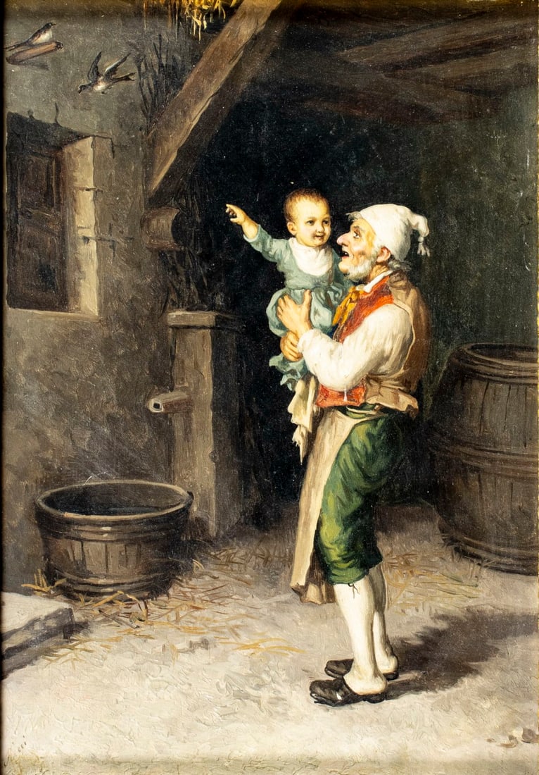 Ricci (Italy,early 20C) oil painting antique: ARTIST: Ricci (Italian, early 20 century) TITLE: Old Man with Child MEDIUM: oil on board CONDITION: Few minor paint losses. One small inpainted area by the upper edge (1/4"