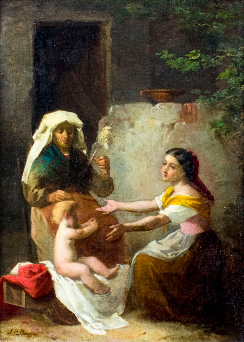 John Bagnold Burgess (UK,Spain,1829-1897) oil painting antique: ARTIST: John Bagnold Burgess (British, Spanish, 1829 - 1897) NAME: Family Scene MEDIUM: oil on canvas CONDITION: Relined. Restretched. Minor craquelure. Few minor scattered inpaintings. S