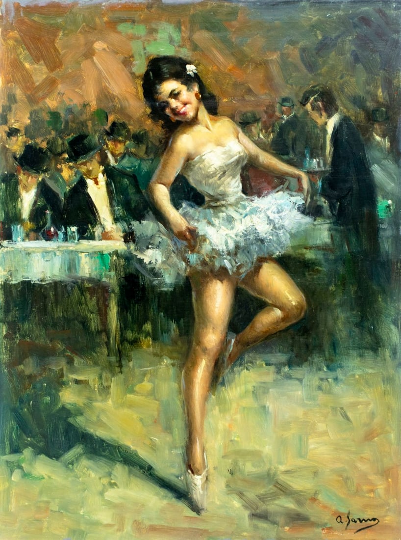 Alfonso Sarno (Italy,NY,20C) oil painting: ARTIST: Alfonso Sarno (Italian, New York, 20 ??entury) TITLE: Ballerina MEDIUM: oil on canvas CONDITION: Overall good. No visible inpaint under UV light. Normal wear along e