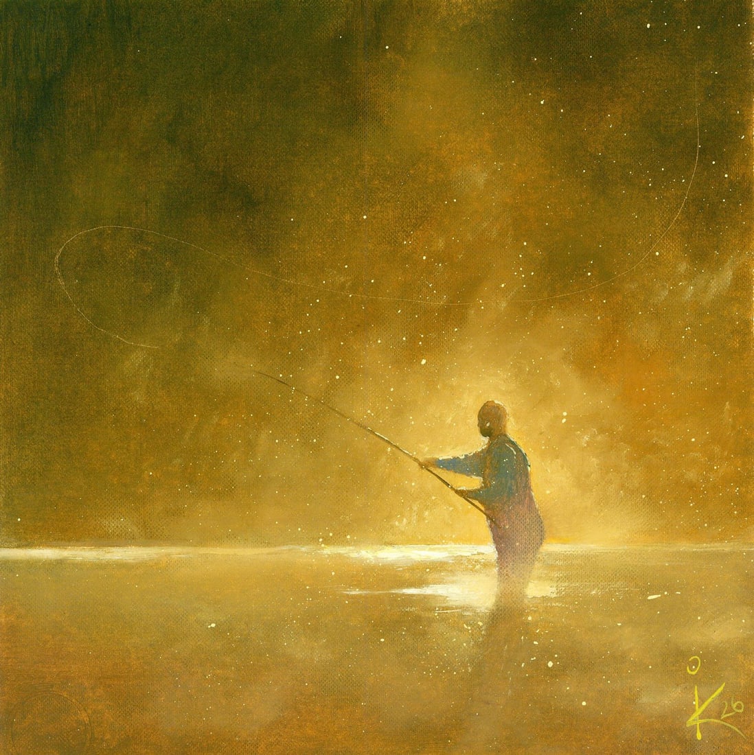 Inna Kravtsova (Ukraine,20/21C) oil painting: ARTIST: Inna Kravtsova (Ukraine, 20/21 centuries) TITLE: Man Fly Fishing MEDIUM: oil on heavy paper CONDITION: Very good. No visible inpaint under UV light. ART S