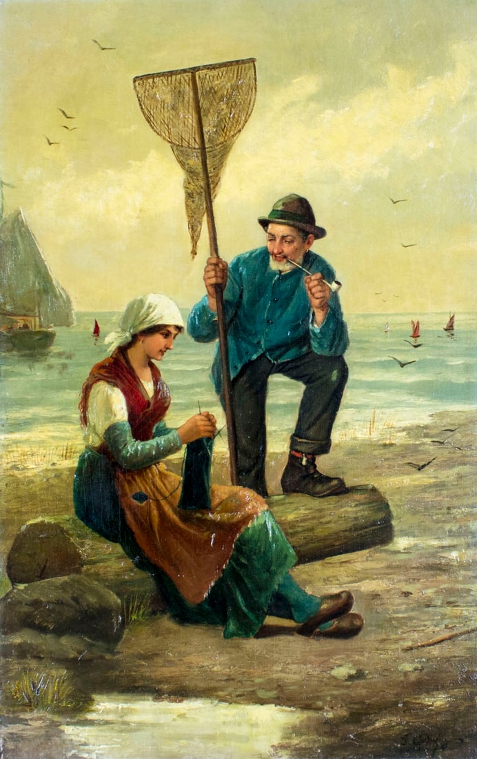 T Golwig (UK,19C) oil painting antique: ARTIST: T Golwig (British, 19/20 century) NAME: Telling a Yarn MEDIUM: oil on canvas. Canvas applied to board. CONDITION: Very good. Very minor craquelure. No visible inpaint under UV light.