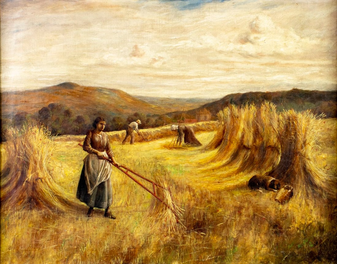 Antique 19C British oil painting signed: ARTIST: - (United Kingdom, 19 century) TITLE: Women Harvesting in Field MEDIUM: oil on canvas CONDITION: Minor scratches/paint losses. Some craquelure. No visible inpaint un