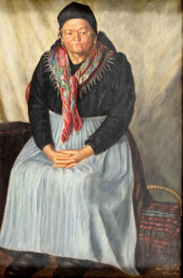 Georg Hrubesch (German,early 20C) oil painting antique: ARTIST: Georg Hrubesch (Germany, early 20 century) TITLE: Peasant Woman MEDIUM: oil on board CONDITION: Minor paint losses. Minor craquelure. No visible inpaint under UV lig