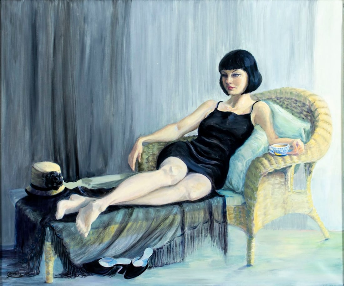 Gwenda (US,20C) oil painting: ARTIST: Gwenda (American, 20 century) TITLE: Reclining Woman in Black YEAR: 1995 MEDIUM: oil on canvas CONDITION: Few minor scratches/paint losses. Very