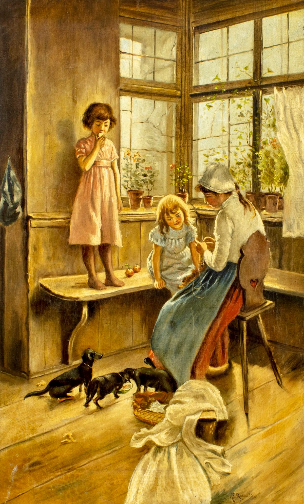 A F Reinold (US,19C) oil painting antique: ARTIST: A F Reinold (American, 19 century) TITLE: Interior Scene MEDIUM: oil on canvas CONDITION: One patch-repaired puncture. Minor paint losses. Some craquelure. Some sca