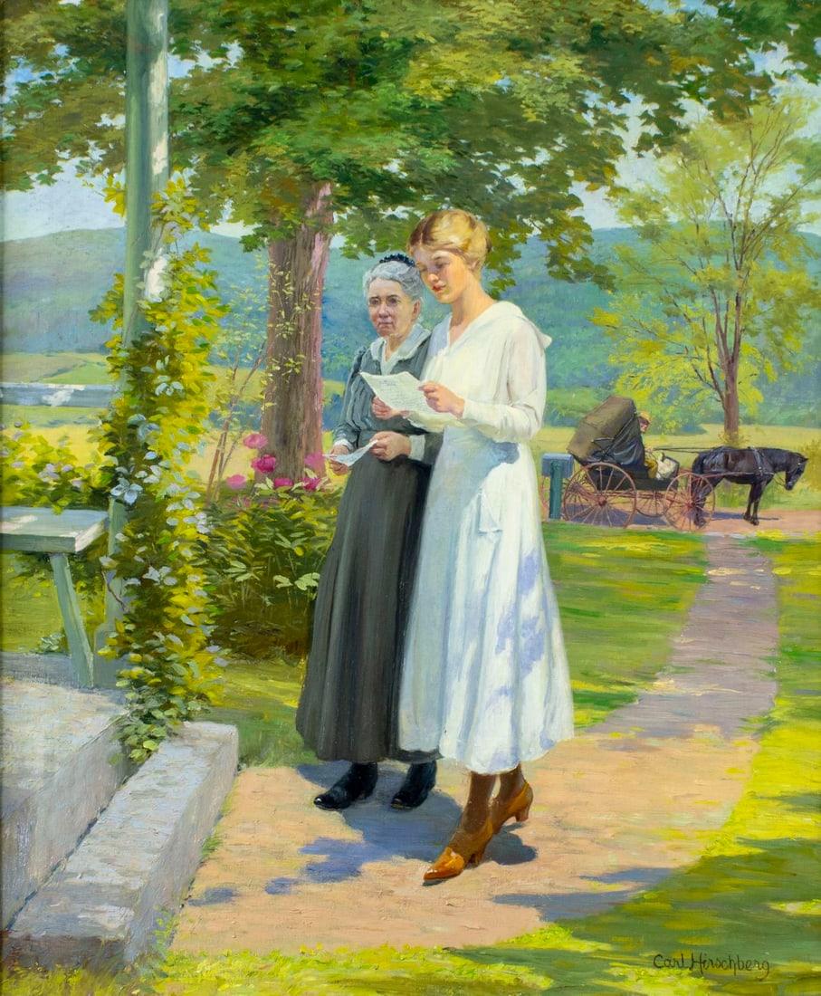 Carl Hirschberg (CT,1854-1923) oil painting antique: ARTIST: Carl Hirschberg (Connecticut, 1854 - 1923) TITLE: The Letter (titled on verso) MEDIUM: oil on canvas CONDITION: One nail hole by the right edge. Missing a few flak