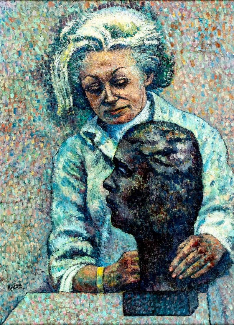 Ken Bank (US,20C) oil painting: ARTIST: Ken Bank (American, 20 century) TITLE: Sculptor at Work YEAR: 1977 MEDIUM: oil on canvas CONDITION: One small patch. Few small scratches/paint lo