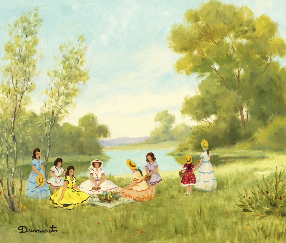 S Dumaret (France,20C) oil painting: ARTIST: S Dumaret (French, 20 century) TITLE: Ladies at Picnic MEDIUM: oil on canvas CONDITION: Unstretched (In-House stretching available) (In-House stretching available).