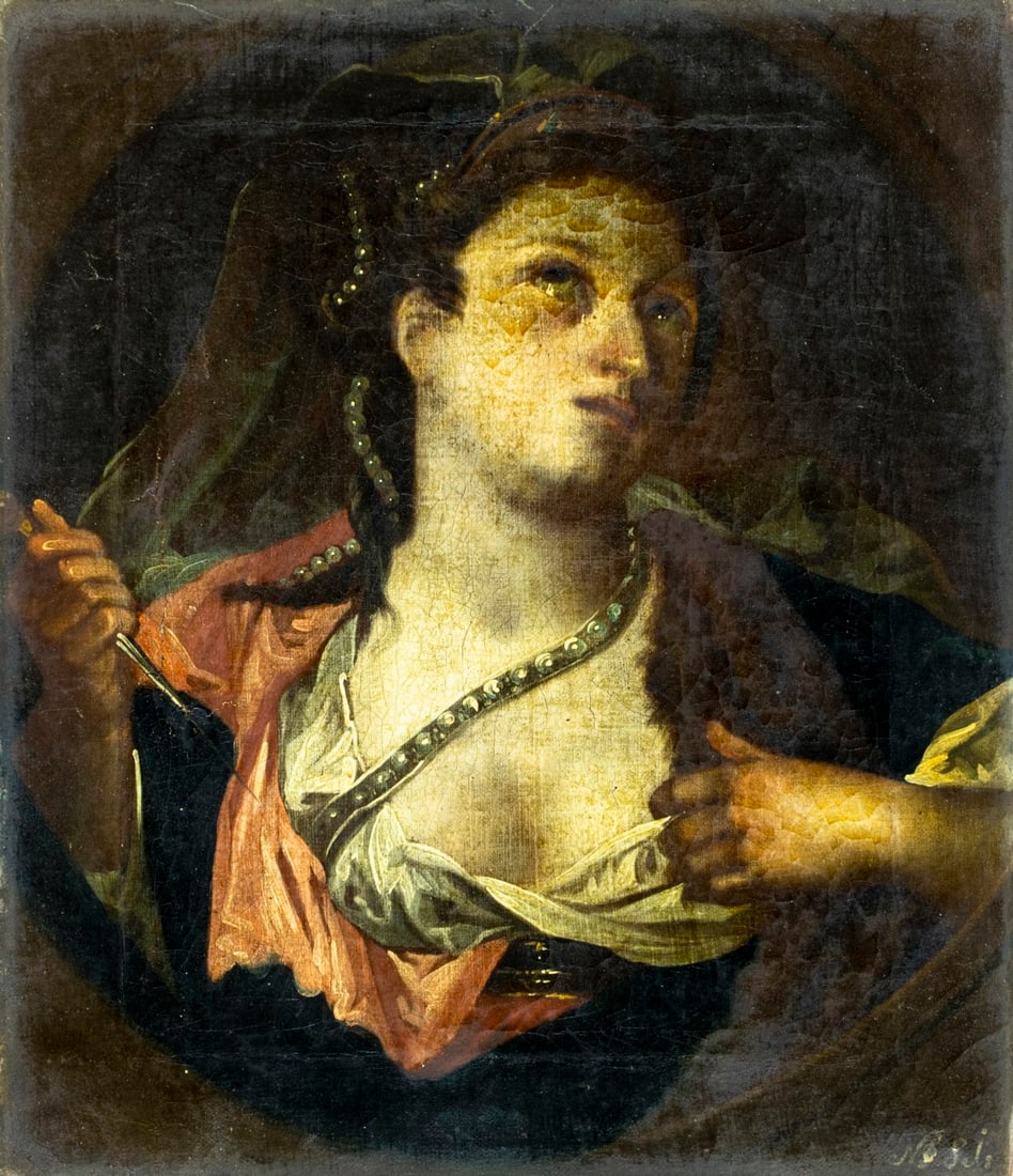 Antique 19C European oil painting: ARTIST: - (Europe, 19 century) TITLE: Woman with Dagger MEDIUM: oil on canvas CONDITION: Two patches. Some small paint losses mostly by the left edge. Some craquelure. Few m