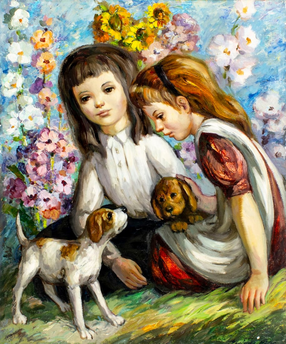 Jose Buigas (Spain,1927-?) oil painting: ARTIST: Jose Buigas (Spanish, 1927 - ???) TITLE: Girls with Puppies MEDIUM: oil on canvas CONDITION: Unstretched (In-House stretching available) (In-House stretching avail