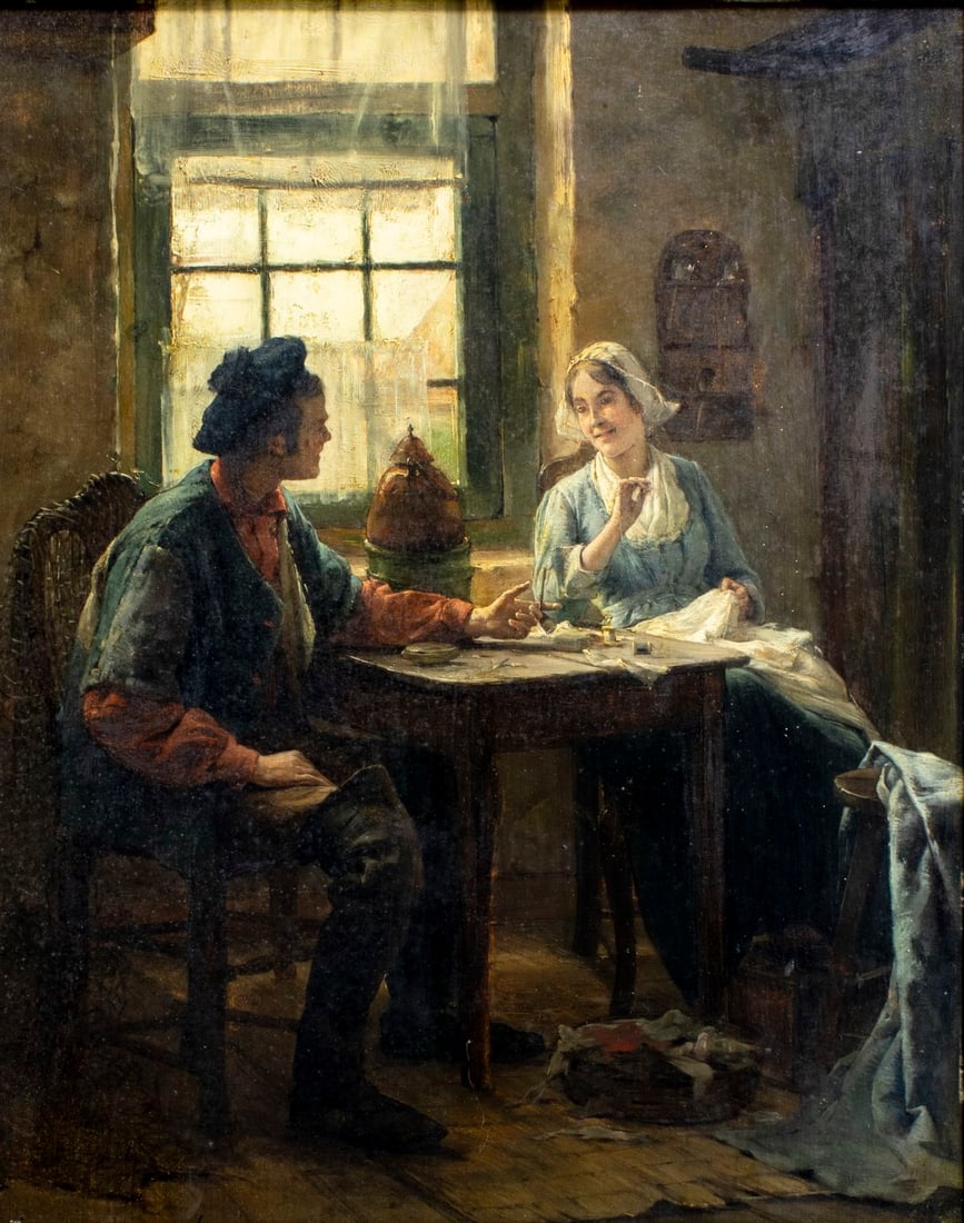 Edward Antoon Portielje (Belgium,1861-1949) oil painting antique: ARTIST: Edward Antoon Portielje (Belgian, 1861 - 1949) TITLE: Interior Scene MEDIUM: oil on board CONDITION: Few minor scratches/paint losses. Some scattered small inpaint