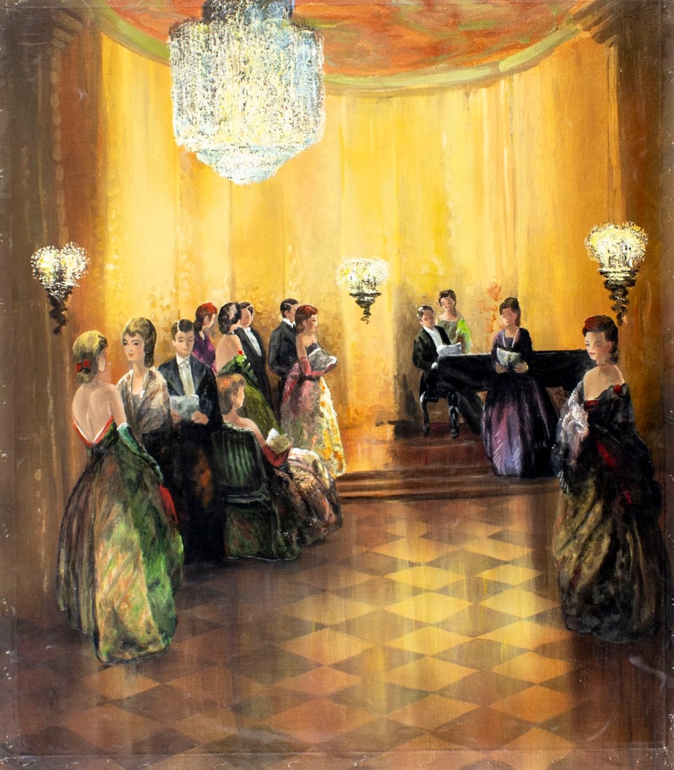 G Coletti (Europe,20C) oil painting: ARTIST: G Coletti (European, 20 century) TITLE: Interior Scene MEDIUM: oil on canvas CONDITION: Unstretched (In-House stretching available) (In-House stretching available).