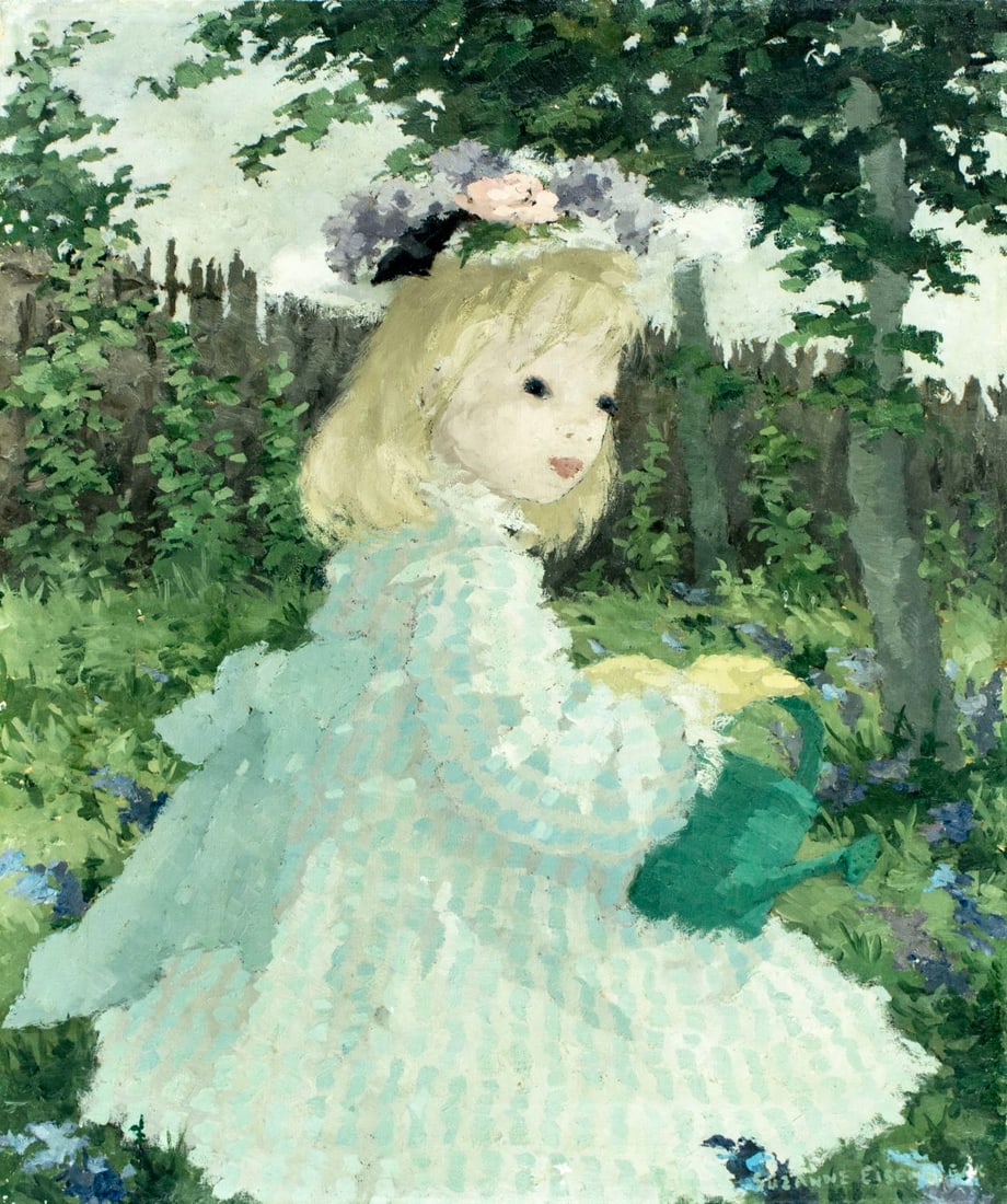 Suzanne Eisendieck (Germany,Poland,1908-1998) oil painting: ARTIST: Suzanne Eisendieck (German, Polish, 1908 - 1998) TITLE: Girl in Garden MEDIUM: oil on canvas CONDITION: One small patch. Some paint losses. No visible inpaint unde
