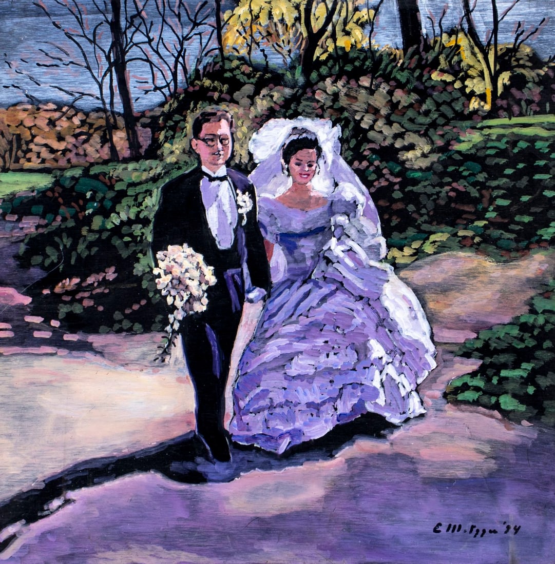 Evelyn Metzger (NY,Brazil,1911-2007) oil painting: ARTIST: Evelyn Borchard Metzger (New York, Brazilian, 1911 - 2007) TITLE: Wedding, Central Park, NY YEAR: 1994 MEDIUM: oil on board CONDITION: Minor scr