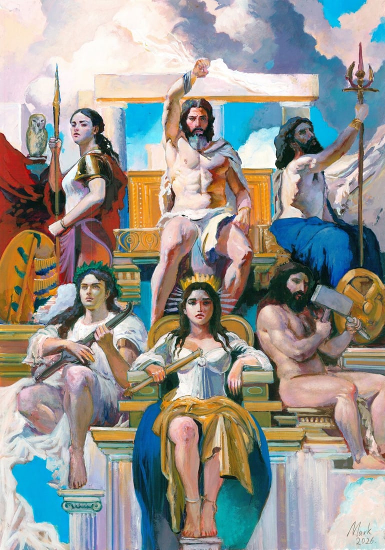 Mark Zybkin (Ukraine,20/21C) oil painting: ARTIST: Mark Zybkin (Ukrainian, 20/21 centuries) TITLE: Greek Mythology Scene MEDIUM: oil on heavy paper CONDITION: Very good. No visible inpaint under UV light.