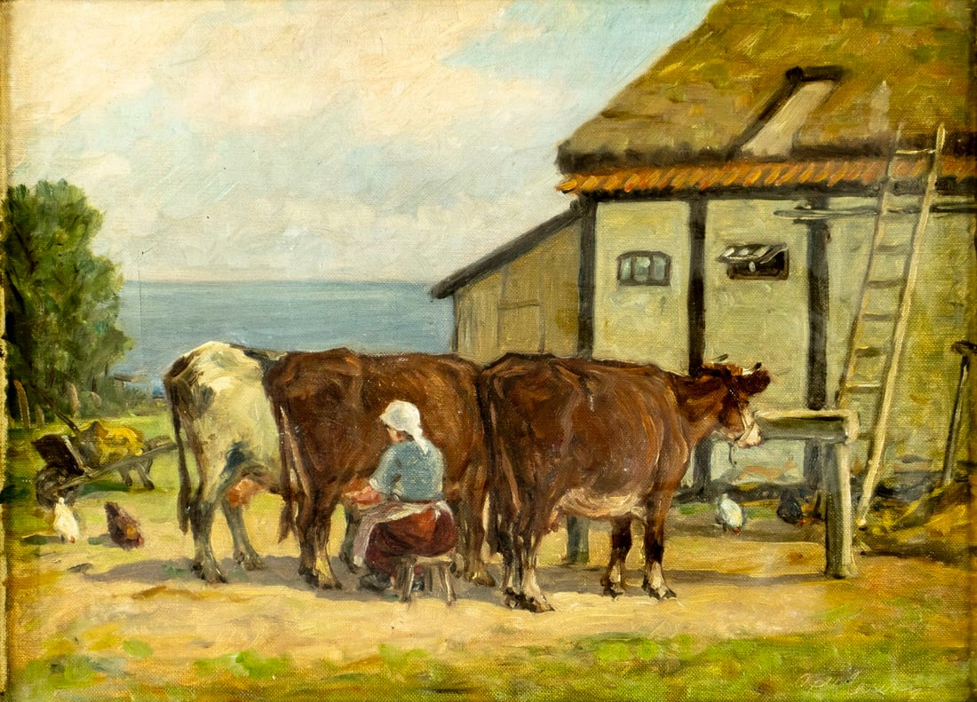 Vintage mid 20C Danish oil painting signed: ARTIST: - (Denmark, mid 20 century) TITLE: Woman Milking Cow MEDIUM: oil on canvas CONDITION: Few minor paint losses. Minor craquelure. No visible inpaint under UV light. Mi