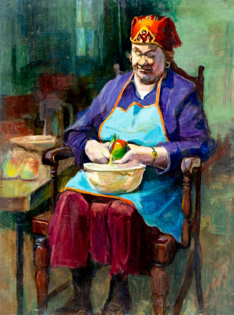 John Reilly (NY,NJ,1942-2021) oil painting: ARTIST: John Reilly (New York, New Jersey, 1942 - 2021) TITLE: Woman Peeling Apples MEDIUM: oil on board CONDITION: Some damages to corners. Some scratches/paint losses. N