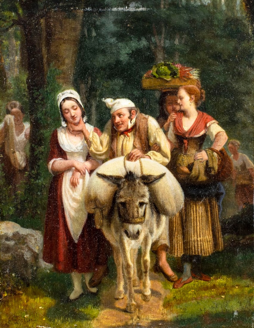 E Foster (UK,19C) oil painting antique: ARTIST: E Foster (United Kingdom, 19 century) TITLE: Man Riding Donkey MEDIUM: oil on canvas. Canvas applied to board. CONDITION: Few scratches/paint losses. Very minor craq