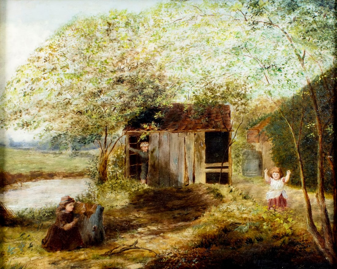 ATTR Hugh Cameron (UK,1835-1918) oil painting antique: ARTIST: ATTRIBUTED TO Hugh Cameron (United Kingdom, 1835 - 1918) TITLE: Hide and Seek (titled on stretcher) YEAR: 1876 MEDIUM: oil on canvas CONDITION: