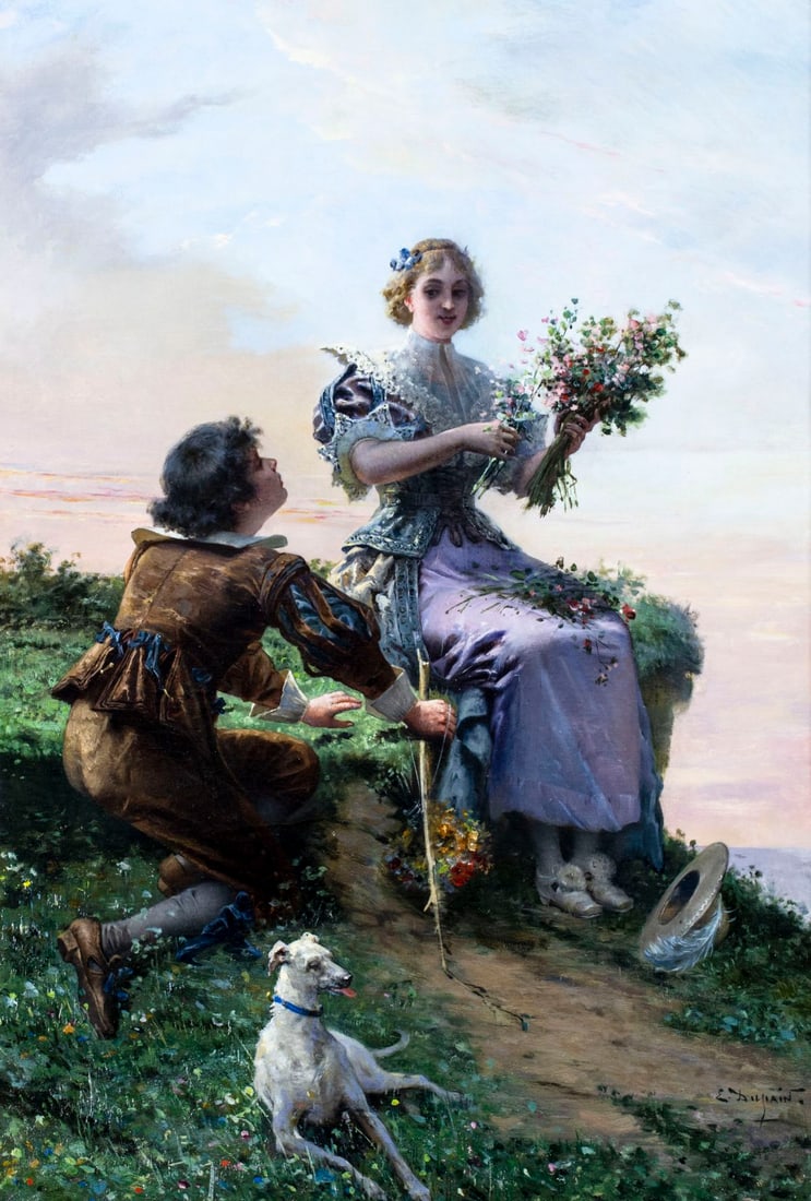 Edmond Louis Dupain (French,1847-1933) oil painting antique: ARTIST: Edmond Louis Dupain (France, 1847 - 1933) TITLE: Courting Couple with Dog MEDIUM: oil on canvas CONDITION: Few patches. Minor craquelure. Some scattered inpainting
