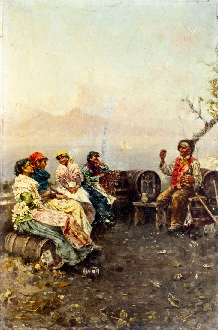 Antique early 20C Italian oil painting: ARTIST: - (Italy, early 20 century) TITLE: Peasants Drinking Wine MEDIUM: oil on canvas CONDITION: One small patch. Few small paint losses. Some craquelure. Some scattered