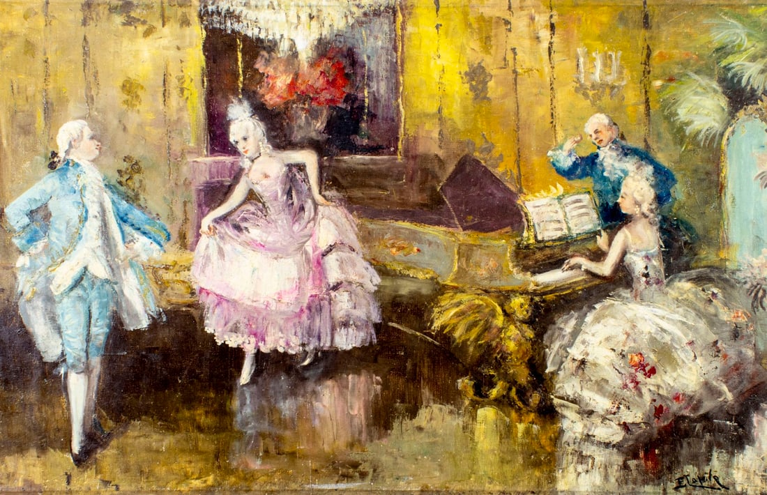 E Caprile (Europe,20C) oil painting: ARTIST: E Caprile (European, 20 century) TITLE: Interior Scene MEDIUM: oil on canvas CONDITION: Unstretched (In-House stretching available) (In-House stretching available).