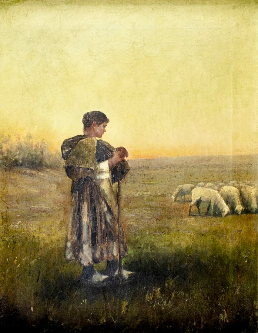 Antique 19C American oil painting: ARTIST: - (American, 19 century) TITLE: Shepherd with Flock of Sheep MEDIUM: oil on canvas CONDITION: Few minor paint losses mostly along edges. Some craquelure. No visibl