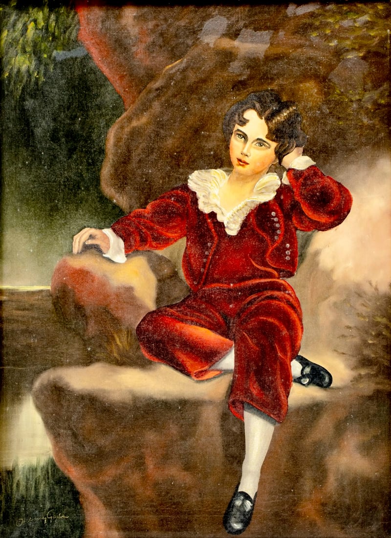 Arling Gade (Denmark,1919-2011) oil painting: ARTIST: Arling Gade (Danish, 1919 - 2011) TITLE: Seated Boy MEDIUM: oil on canvas CONDITION: Some small paint losses mostly by the right edge. Some craquelure. Some scatte