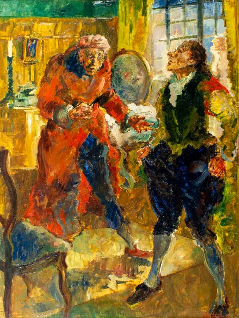 Ludvig Jacobsen (Danish,1890-1957) oil painting: ARTIST: Carl Gustav Ludvig Jacobsen (Denmark, 1890 - 1957) TITLE: Harpagon (titled on stretcher) MEDIUM: oil on canvas CONDITION: One small patch. Minor paint losses. Mino