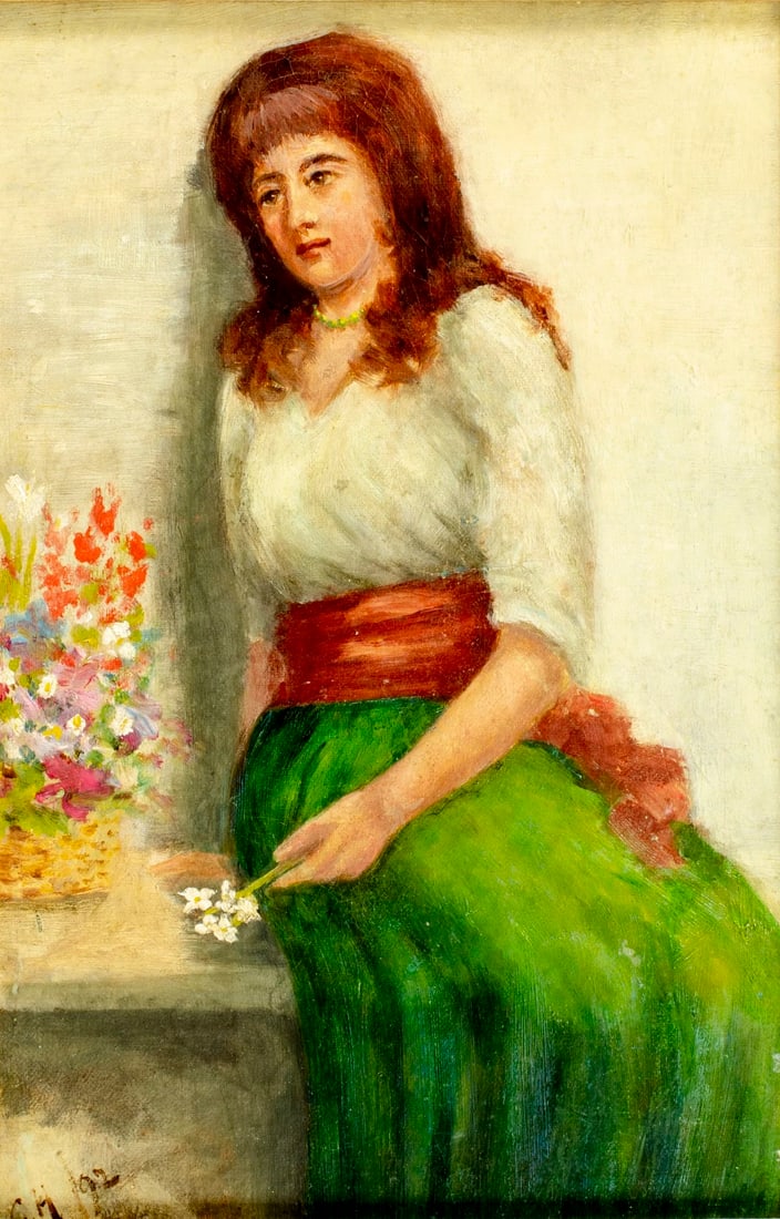 Antique 19C European oil painting signed: ARTIST: - (Europe, 19 century) TITLE: Woman with Basket of Flowers YEAR: 1892 MEDIUM: oil on canvas. Canvas applied to board. CONDITION: Few minor pain