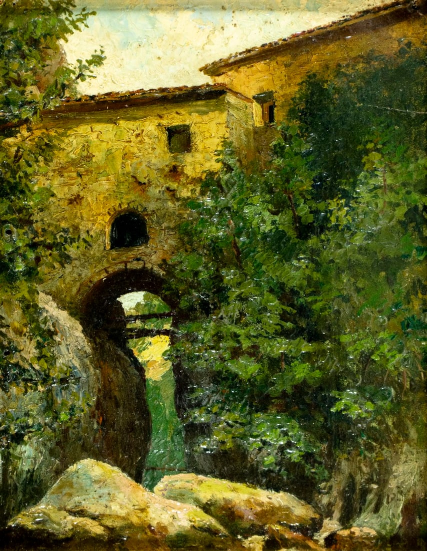 Antique early 20C European oil painting: ARTIST: - (Europe, early 20 century) TITLE: Landscape with Stone Cottage MEDIUM: oil on board CONDITION: Two repaired nail holes. Few small paint losses mostly by edges. No