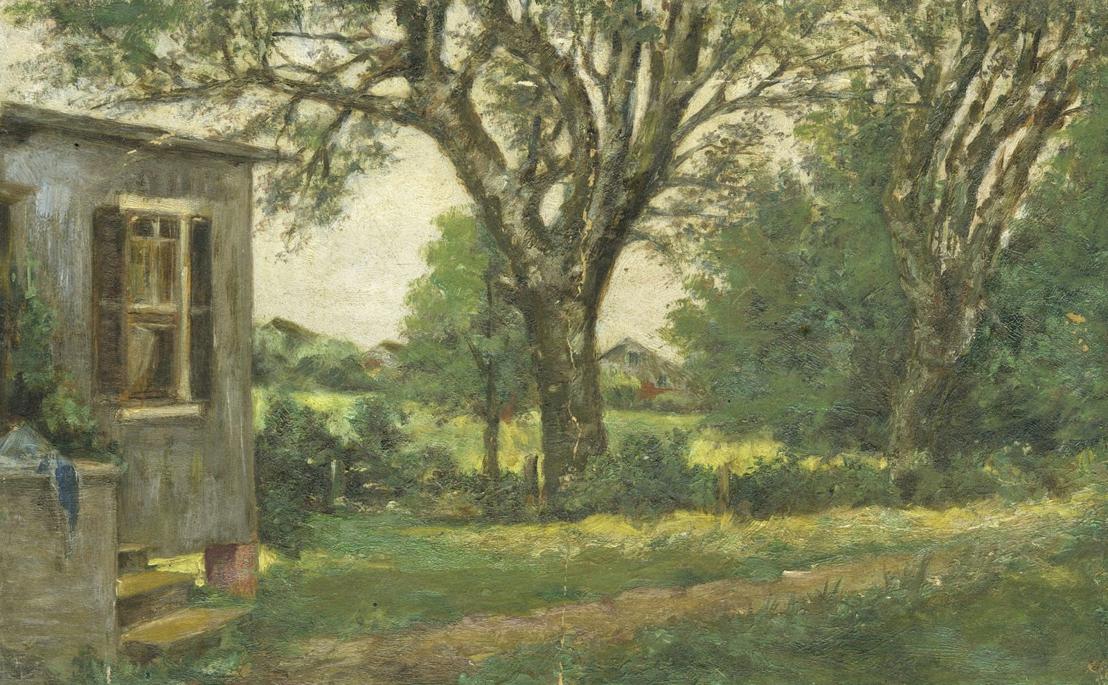 Antique early 20C European oil painting: ARTIST: - (Europe, early 20 century) TITLE: Country Landscape with Cottage MEDIUM: oil on board CONDITION: One vertical surface crack. Some small scratches/paint losses. No