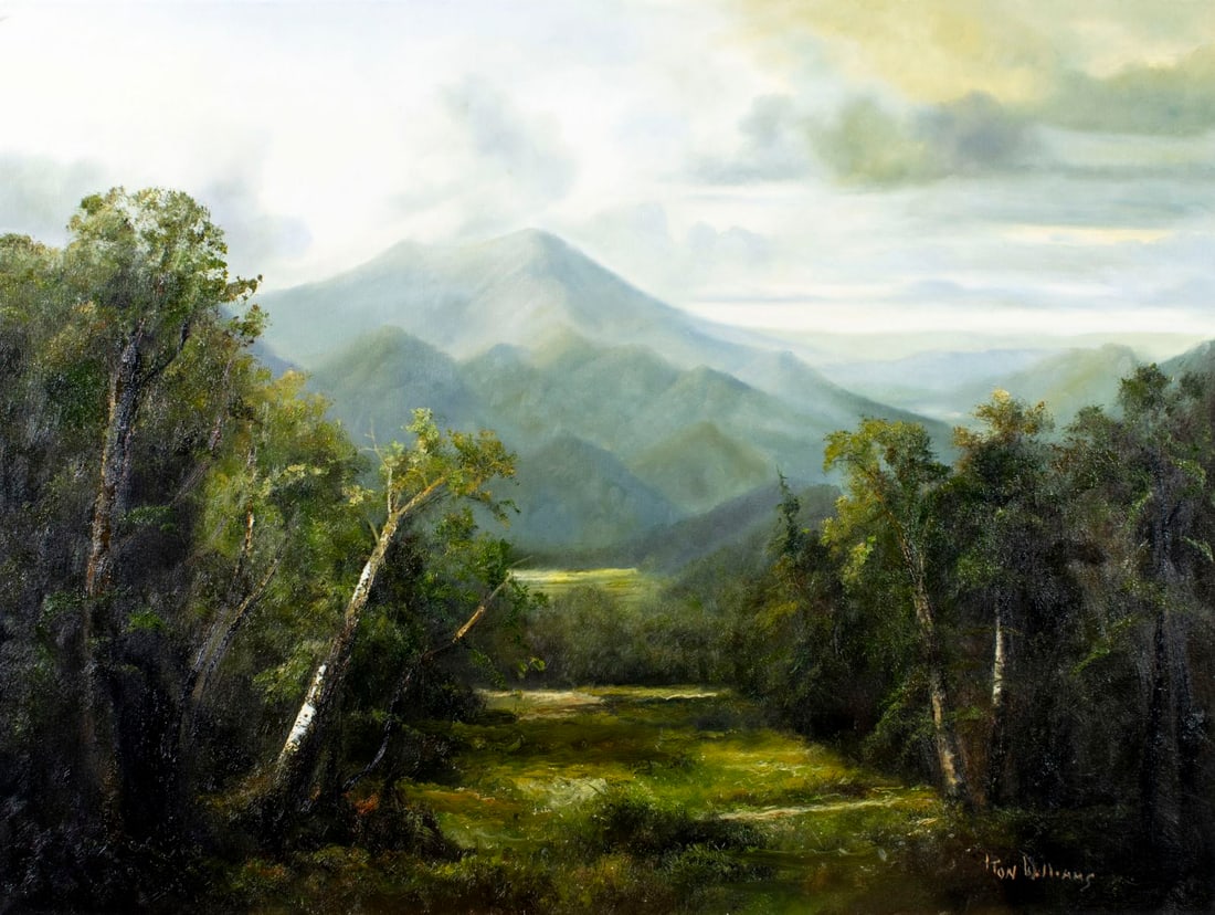 Ron Williams (TN,1947-2016) oil painting: ARTIST: Ron Williams (Tennessee, 1947 - 2016) TITLE: Mountain Landscape MEDIUM: oil on canvas CONDITION: Overall good. No visible inpaint under UV light. Normal wear along