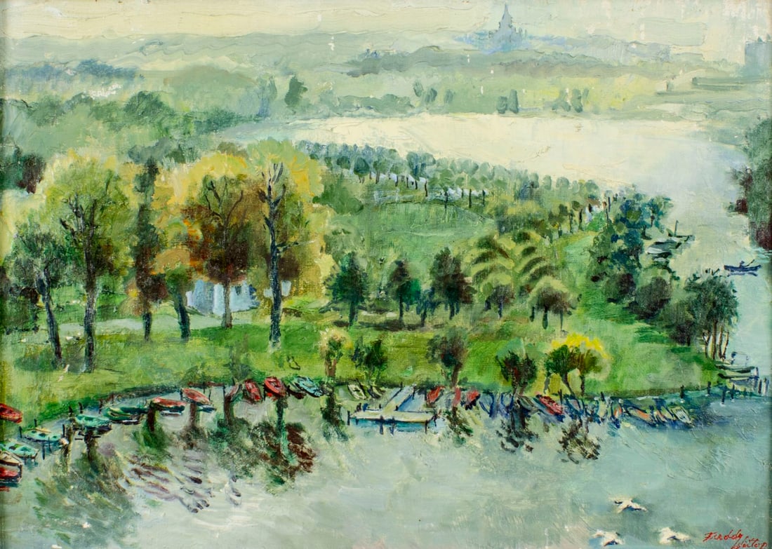 Freddy Wittop (Dutch,NY,FL,1912-2001) oil painting: ARTIST: Freddy Wittop (Netherlands, New York, Florida, 1912 - 2001) TITLE: Park Landscape MEDIUM: oil on canvas CONDITION: Some paint losses. No visible inpaint under UV