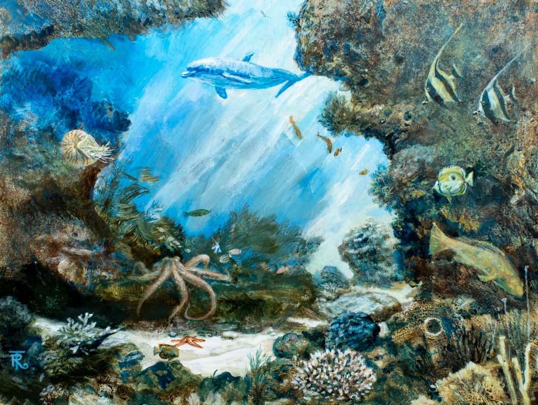 Russell Tripp (CA,1924-2025) oil painting: ARTIST: Russell R Tripp (California, 1924 - 2025) TITLE: Coral Reef Scene MEDIUM: oil on board CONDITION: Some small damage to the lower left corner. Few small faint scrat