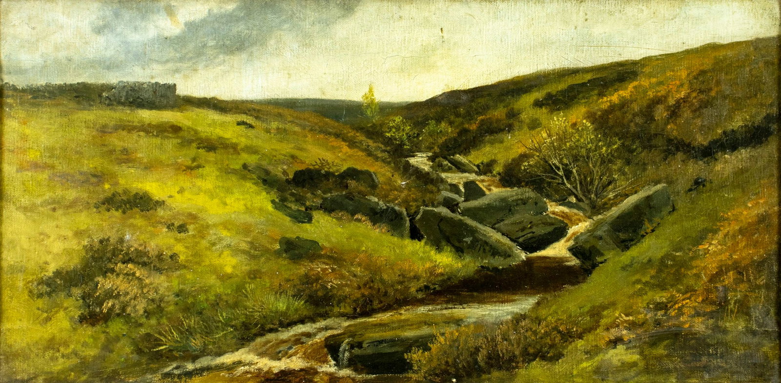 ATTR John Syer (UK,1815-1885) oil painting antique: ARTIST: ATTRIBUTED TO John Syer (United Kingdom, 1815 - 1885) TITLE: Moorland Stream Landscape MEDIUM: oil on canvas CONDITION: Two patches. Few minor paint losses. Some cra